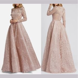 NWT $998 Mac Duggal [ 10 ] Floral Embellished Long Sleeve A-Line Gown Mocha Lace